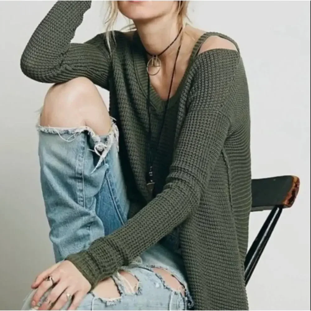 Free People Green Cotton Moonshine Cold Shoulder Boho Knit Sweater S Small